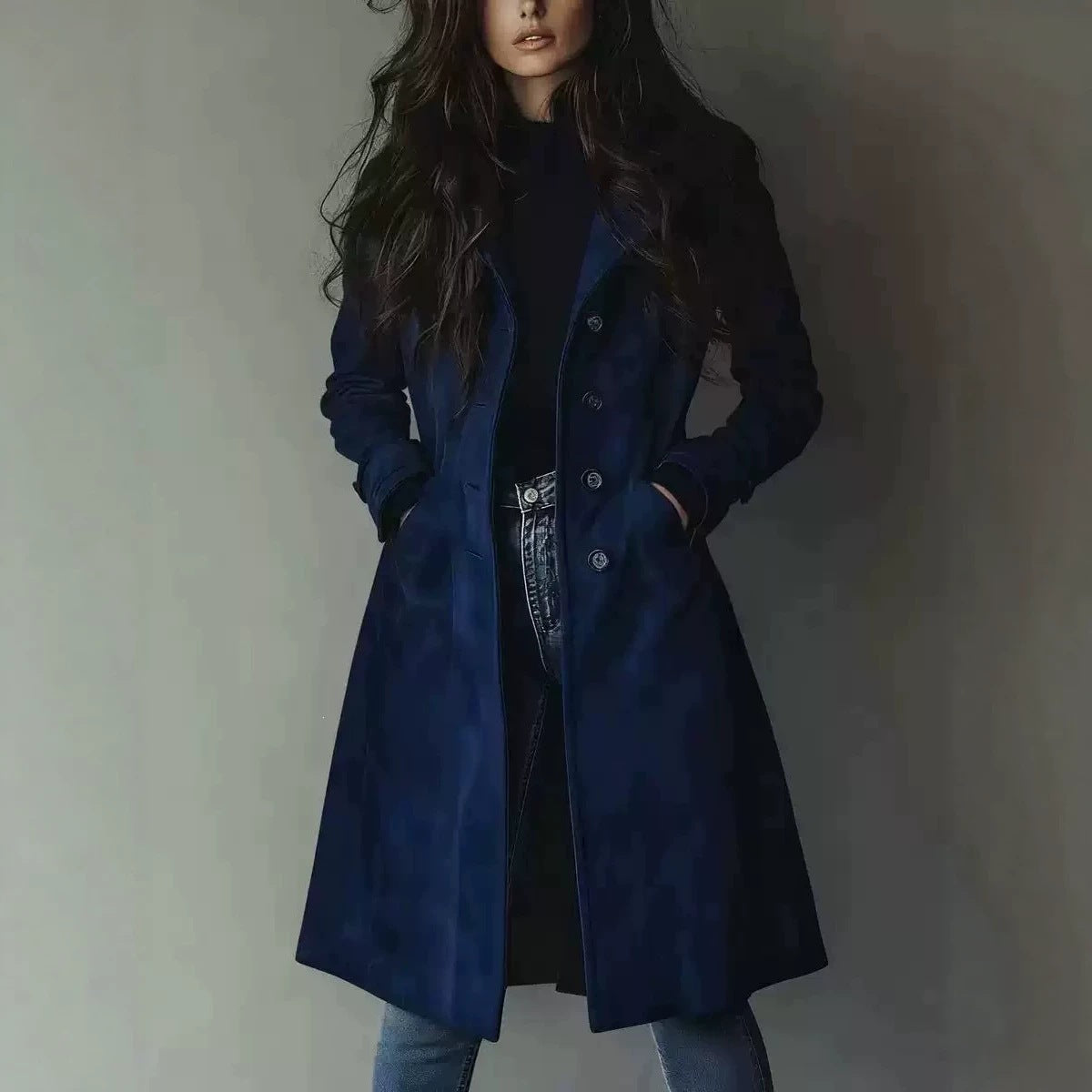 European American Style Women's Fall Winter Lapel Suede Mid-Length Trench Coat