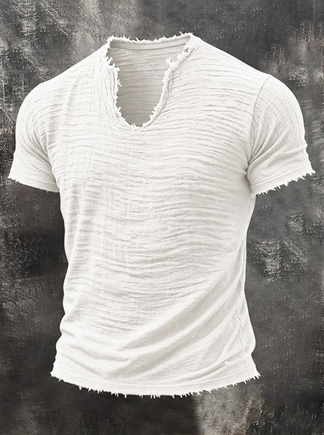 T-Shirt rétro doublé de coton avec l'ourlet en plumes et un manches courtes distinctive V-Neck