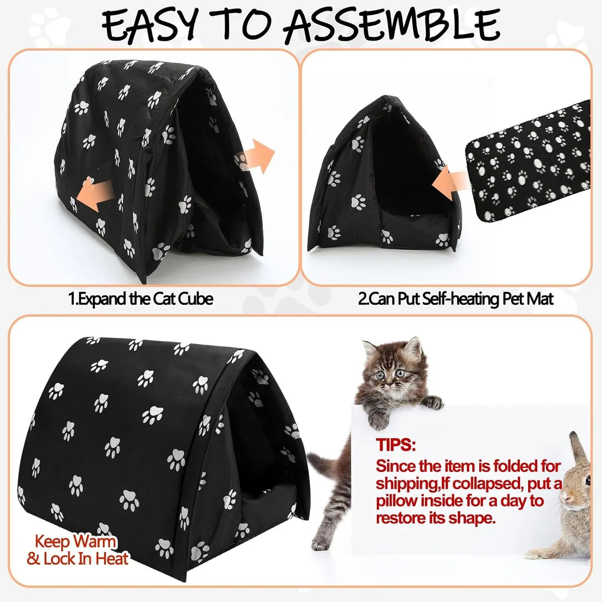 Outdoor Winter Cat House with Self-Heating Pad 17 in X 12 in Waterproof Foldable