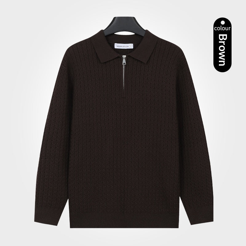 Hommes tricoté manches longues Top avec un lapel et demi-zip