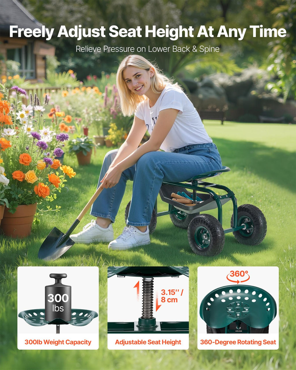 Panier de jardin roulant VEVOR avec siège pivotant
