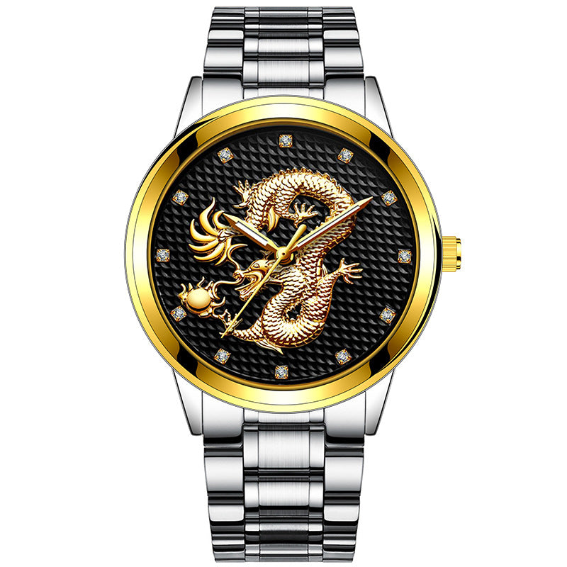 Dragon d'or embossé pour hommes jouant avec perles Diamond-inlaid Casual Business Quartz Watc