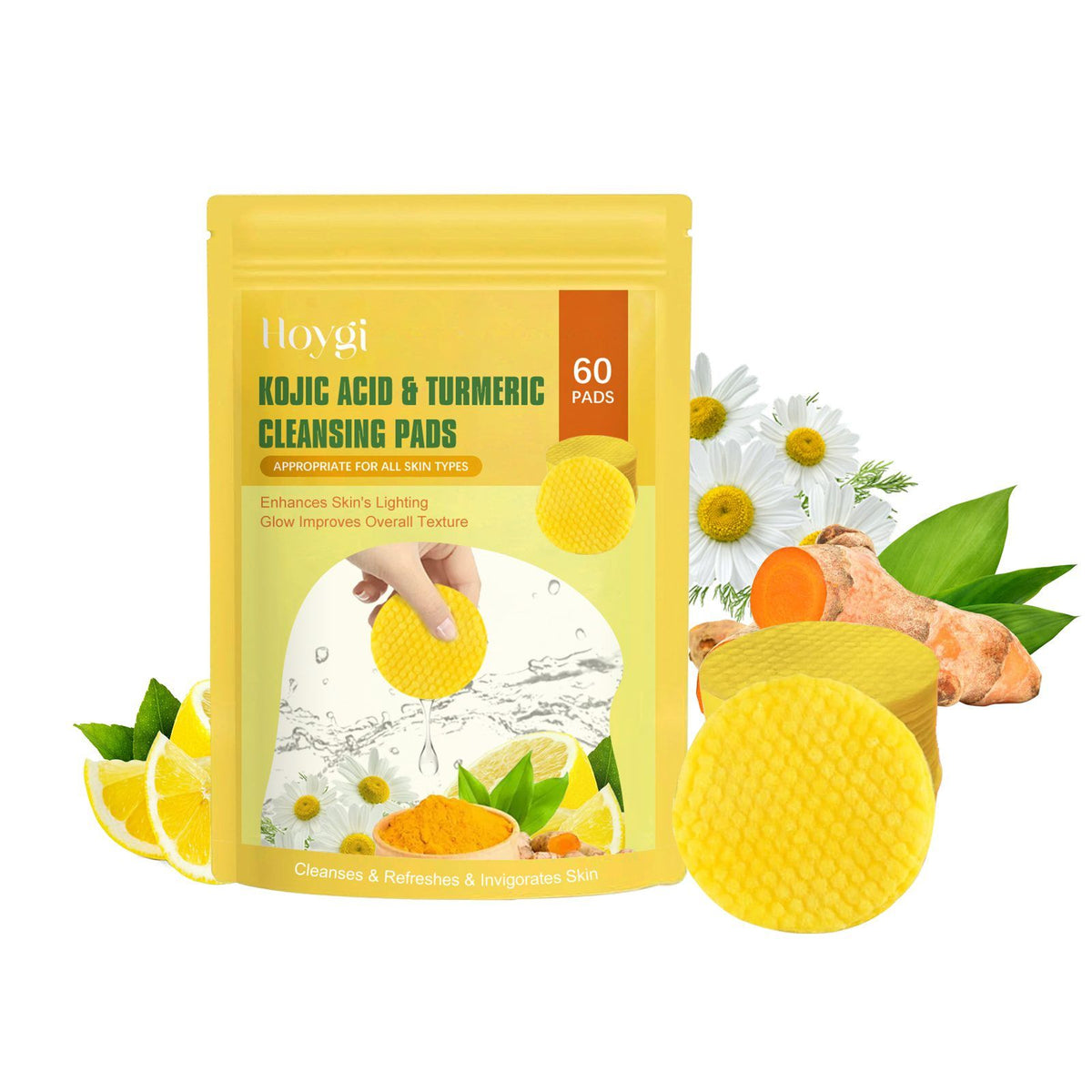 HOYGI Plaquettes de nettoyage du visage en curcuma et en acide Kojic