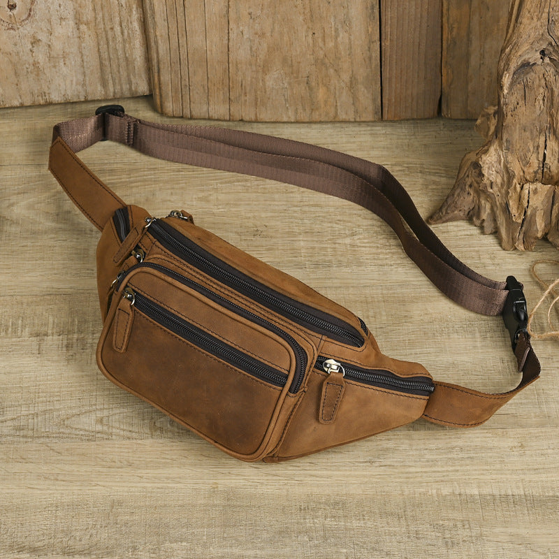 Crazy Horse Leather Mens Bag First-Layer Cowhide Caissier Waist