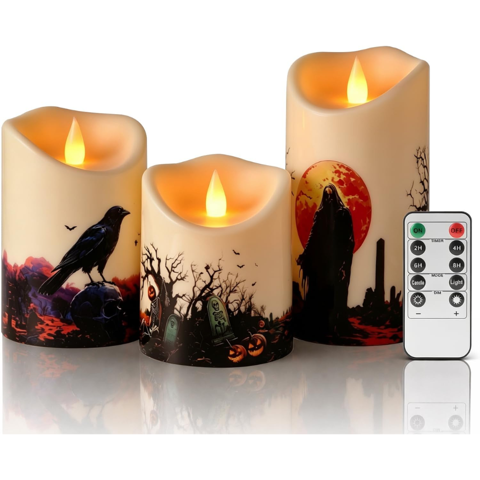 Ensemble de bougies LED sans flamme d'Halloween de 3 avec télécommande