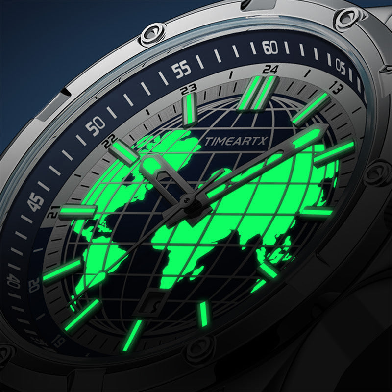 Luminous water-resistant terrestrial quartz watch