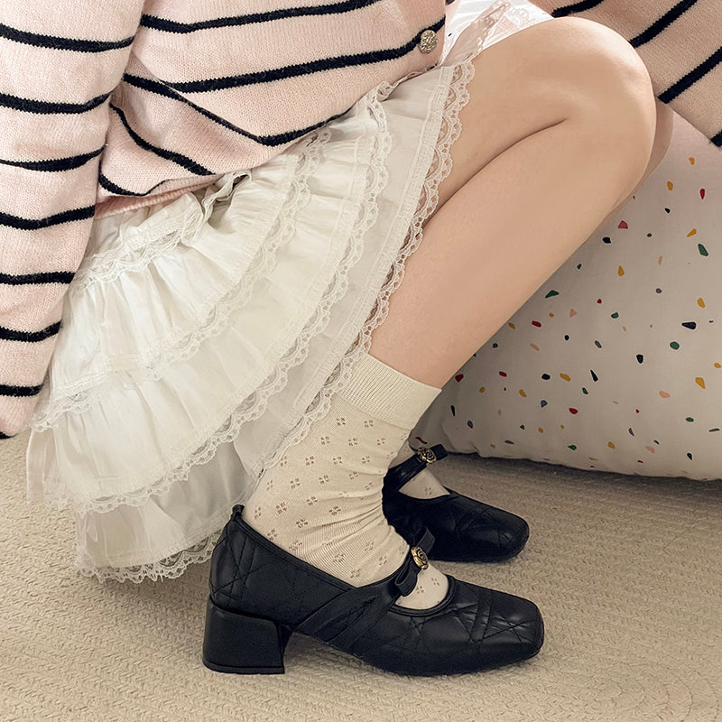 Femmes Quilted Camellia Bow Mary Jane Chaussures Elegant Block Heel Ballet Pompes
