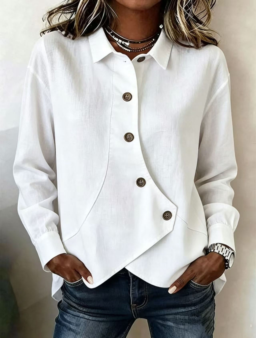 Femmes Casual Solid-Color Asymétrique manches longues chemise de style européen et américain
