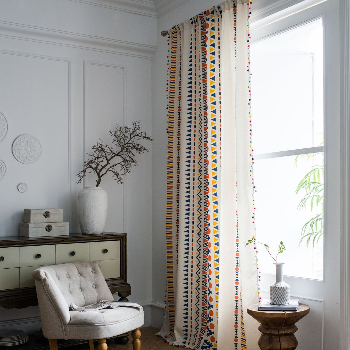 Rideau coton et lin imprimé couleur boule de fourrure Bohemian style pays