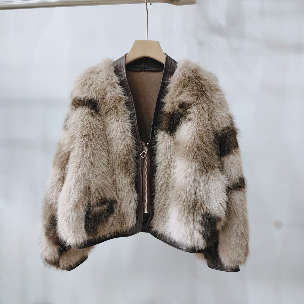 Automne d'hiver Chanel-style Couleur-Block fourrure One-Piece court manteau pour les femmes