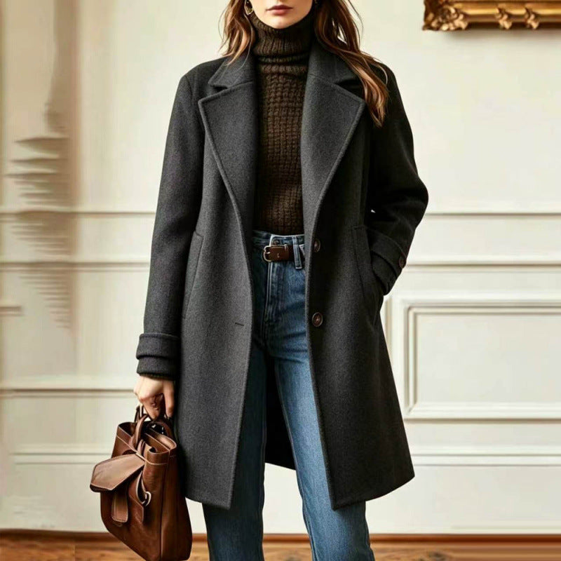 Automne et hiver Rétro Style décontracté Longueur moyenne Coat Lapel Coat Femme