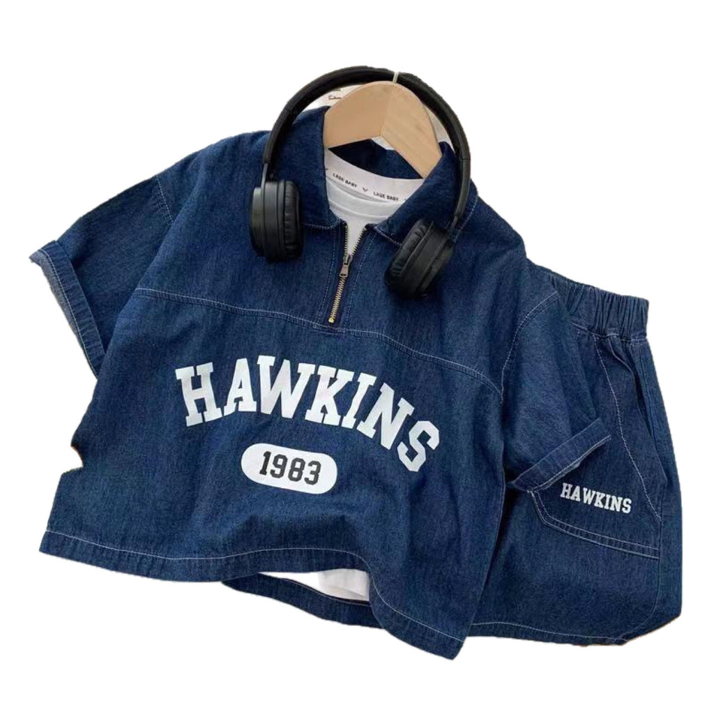Beautiful Korean Model Denim Short-Sleeve Top and Shorts Two-Piece Set