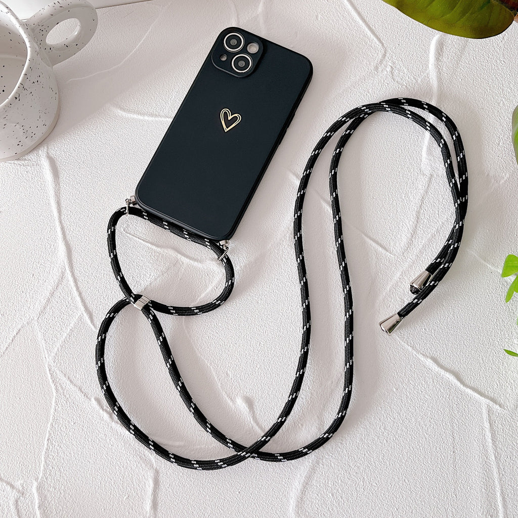 Étui téléphonique de lanyard de petit coeur doré