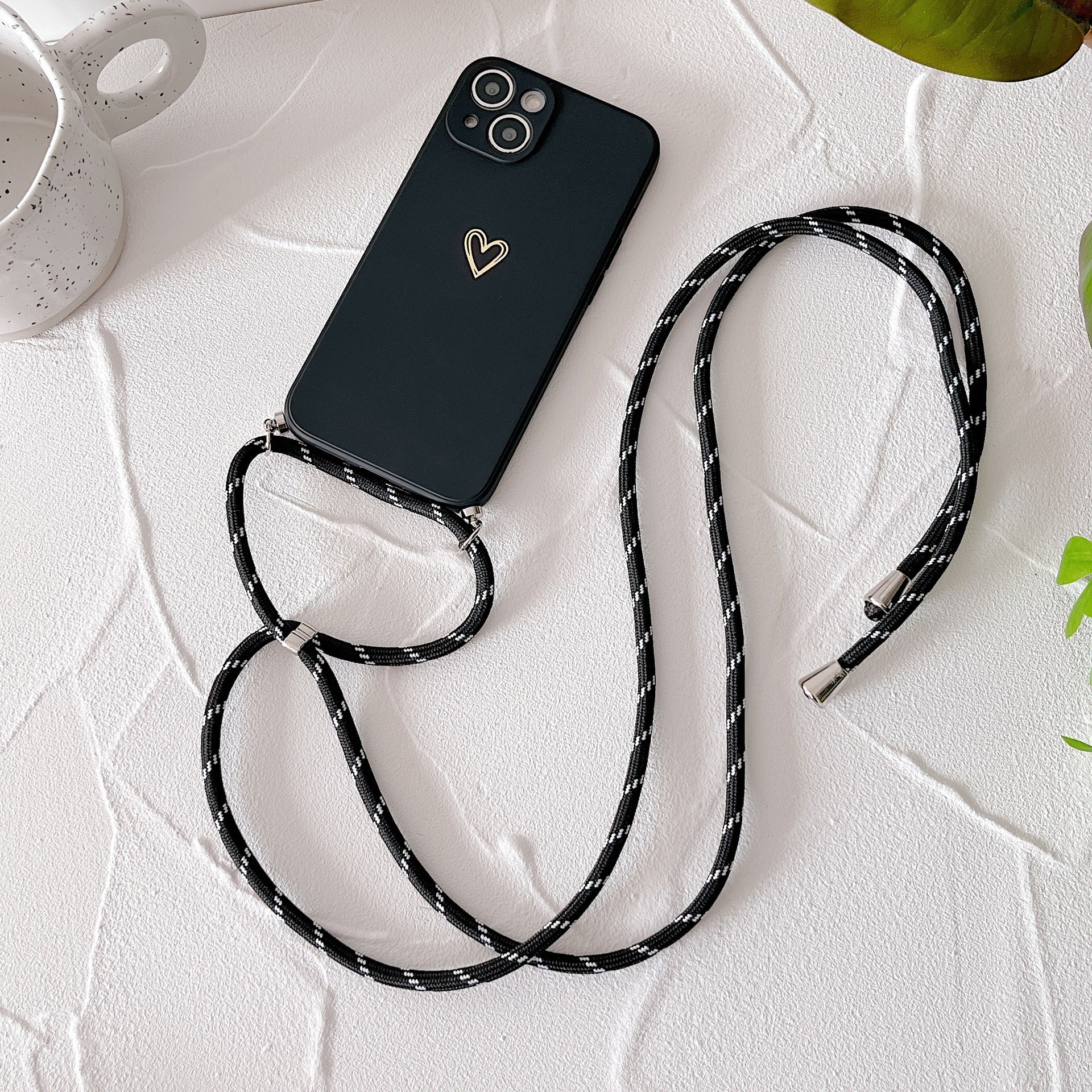 Étui téléphonique de lanyard de petit coeur doré