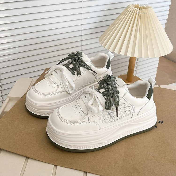 Femmes Double Dentelle Platform Sneakers Détail piquant Chunky Épaisseur Semelle Skate Chaussures Minimali