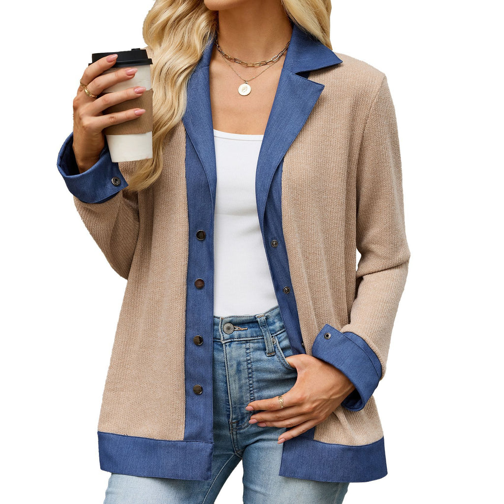 Denim Contraste couleur Lapel-bouton Loose-fit manches longues Hoodie