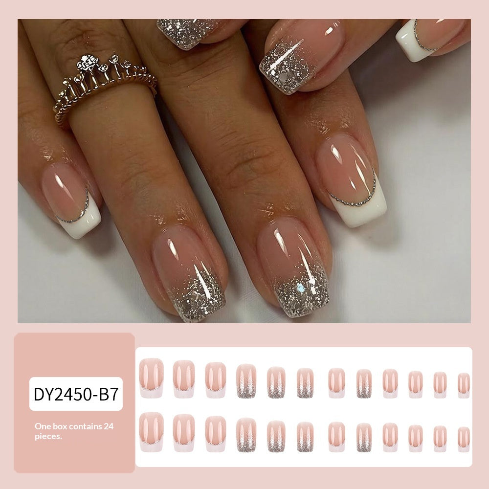 24-pièces Short Coffin-style White-edge French Pressing Nail Glitter Gradient Nail acrylique