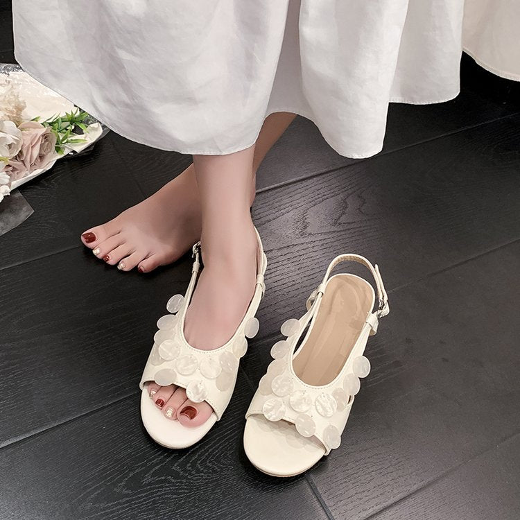 Women's Bohemian Shell Round Chip Slingback Flat Sandals