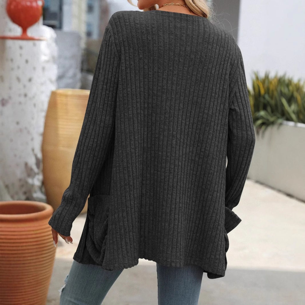 L'automne des femmes Hiver Casual Solid Couleur Long Sleeve Cardigan ouvert avec des poches