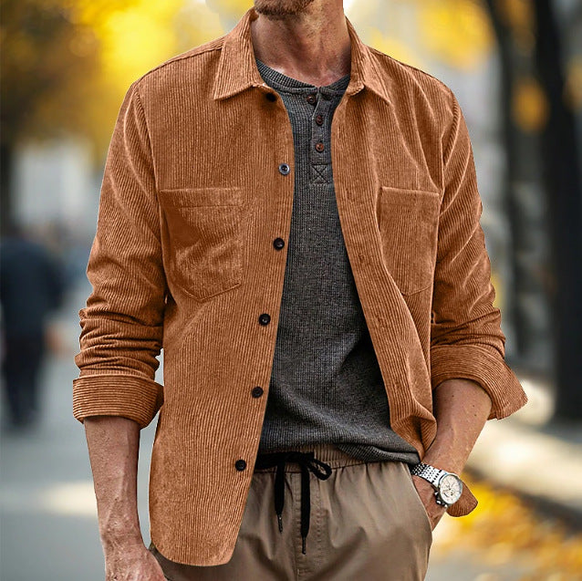 Homme Corduroy manches longues Casual Pocket Lapel Veste chemise