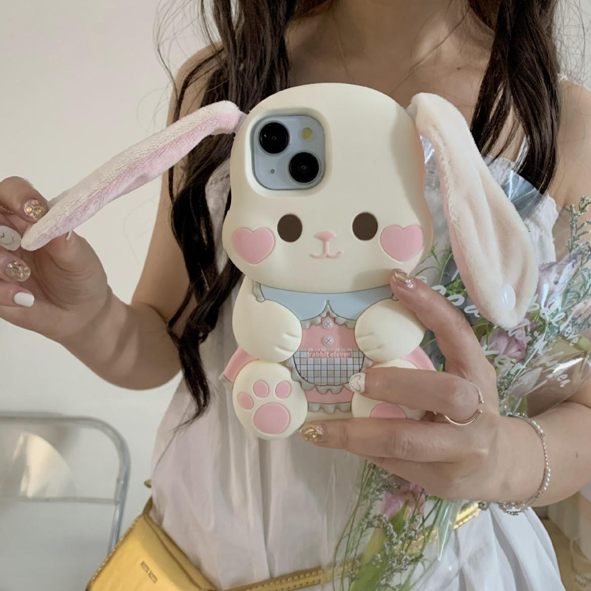 En peluche Button oreille mignon Rabbit Phone Case résistant à la chute