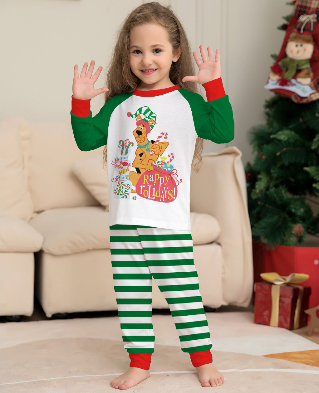 Green Cartoon Striped Long Sleeves Festival Vêtements de maison Pajamas