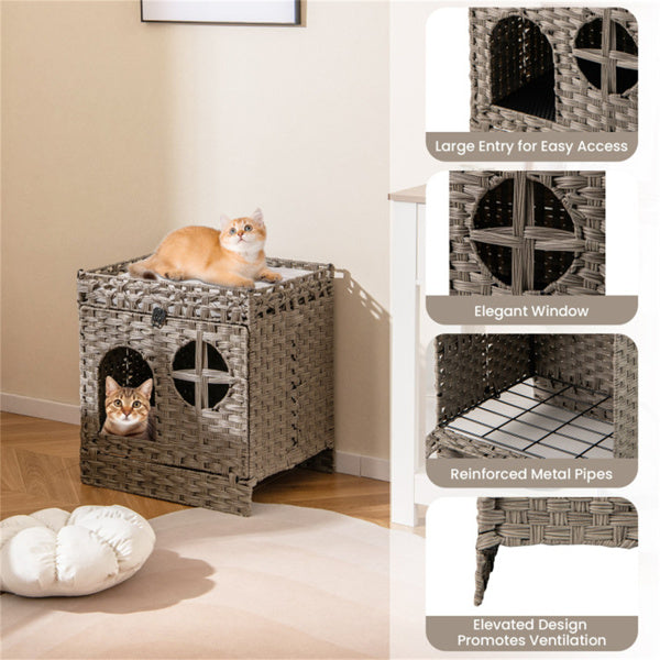Condo de chat Wicker 2-Tier avec litière - boîte à litière cachée