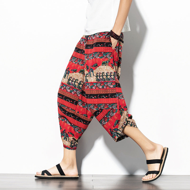 Pantalon imprimé en coton et en lin