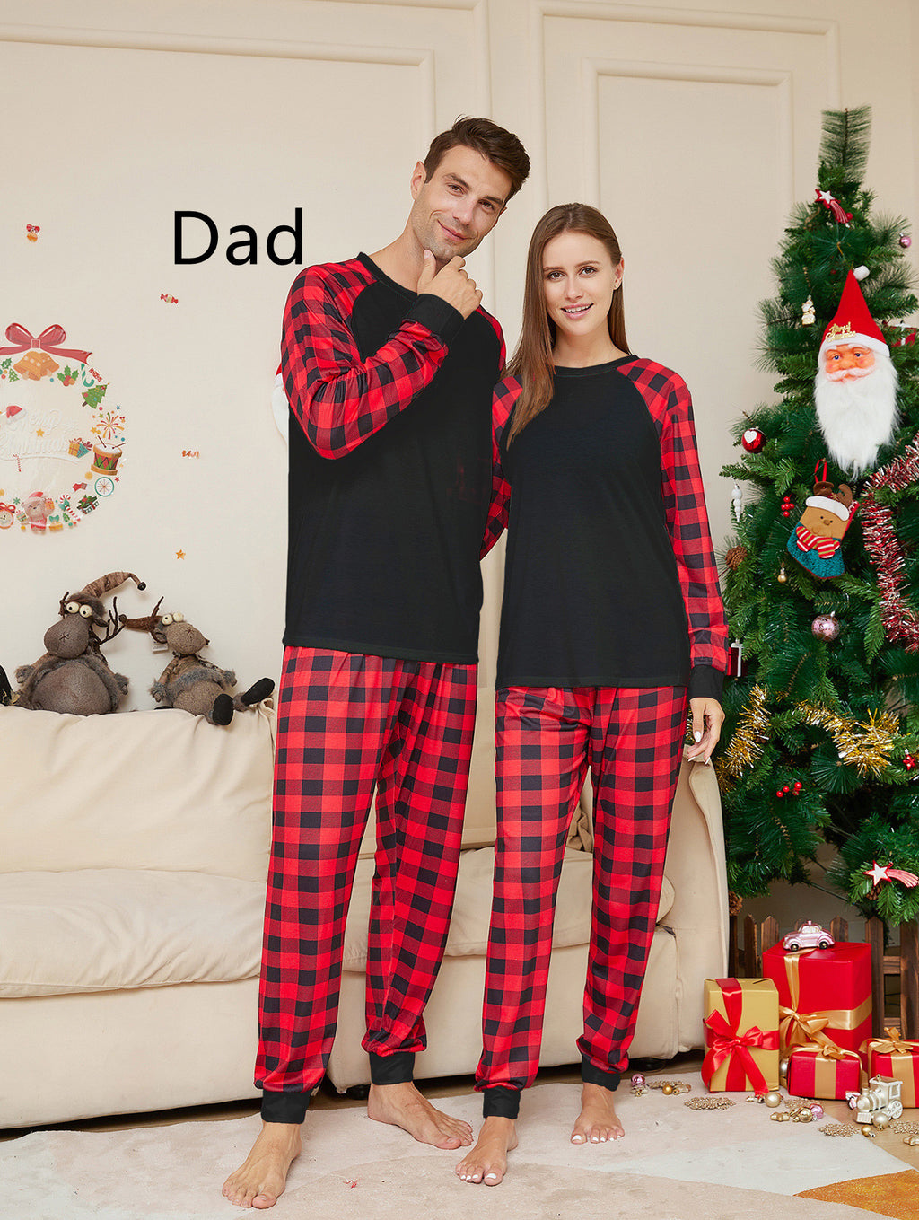 Ensemble de pyjamas imprimés en Plaid de couleur solide de Noël de mode pour femmes