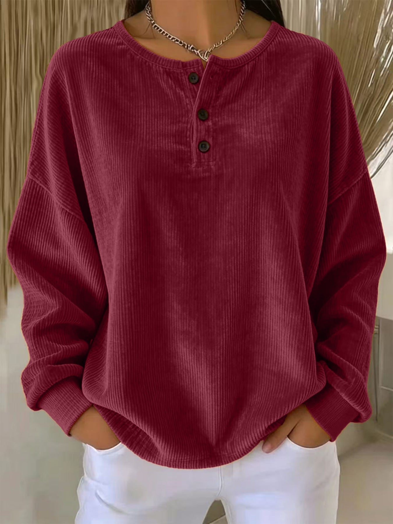 Sweat-shirt à boutons en couleur unie pour femmes