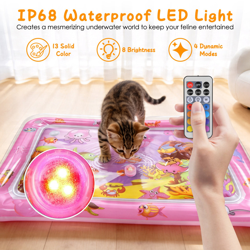 Mat d'eau chat interactif de jeu sensoriel avec des jouets flottants de poisson LED couleur changeant ligh