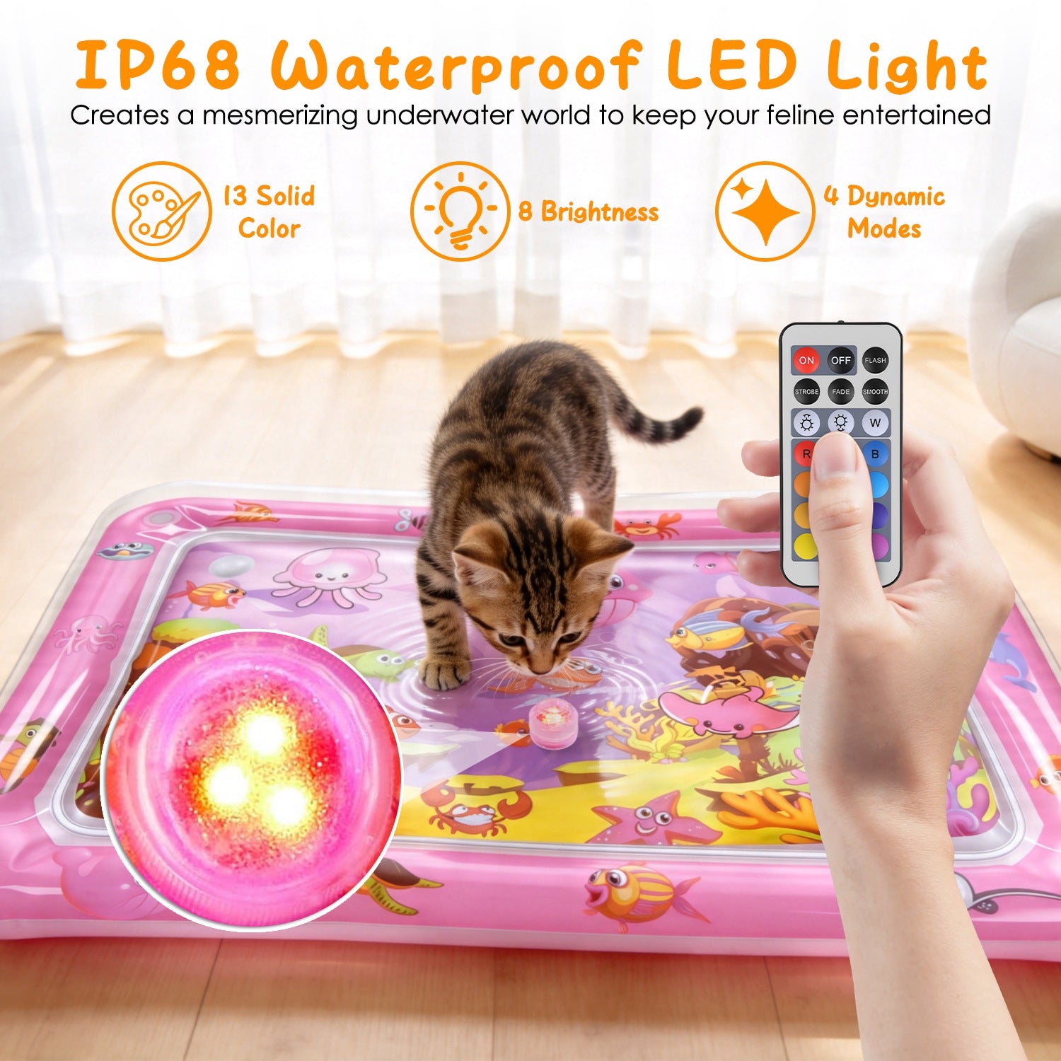 Mat d'eau chat interactif de jeu sensoriel avec des jouets flottants de poisson LED couleur changeant ligh