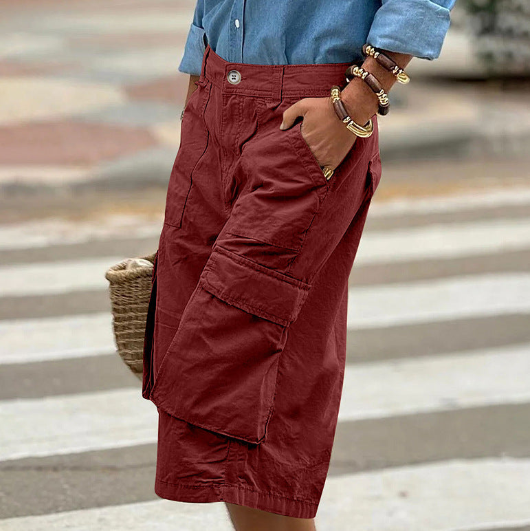Femmes Cargo Capri Pantalons Multi Pocket High Waist Loose Large Jambe Cropped Pantalons Summer Cas