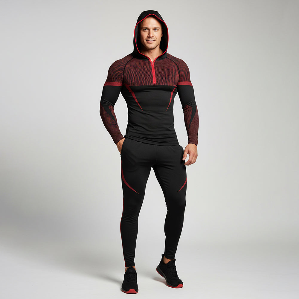 Hommes demi-zip Compression à capuche manches longues Chemise Noir Rouge Couleur Bloc Mesh Spliqued Quick