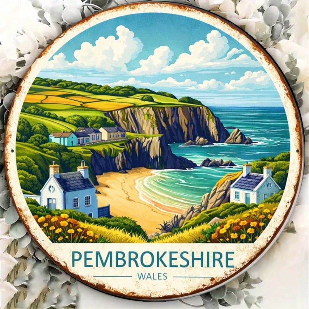 Pembrokeshire Wales Vintage Cottage Landmark Panneau mural rond
