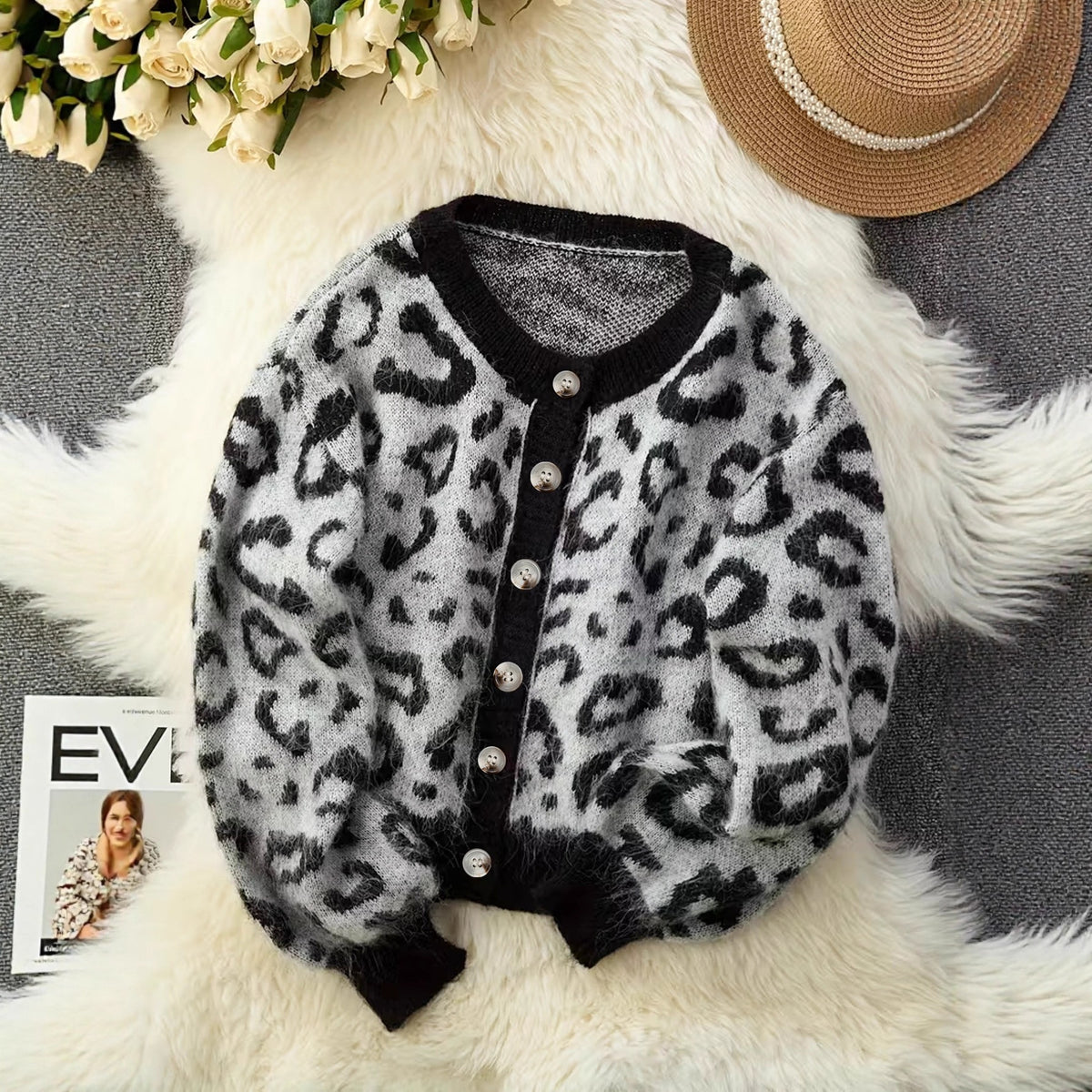 Casual Stylish Retro Leopard-print Color-block Jacquard Sweater