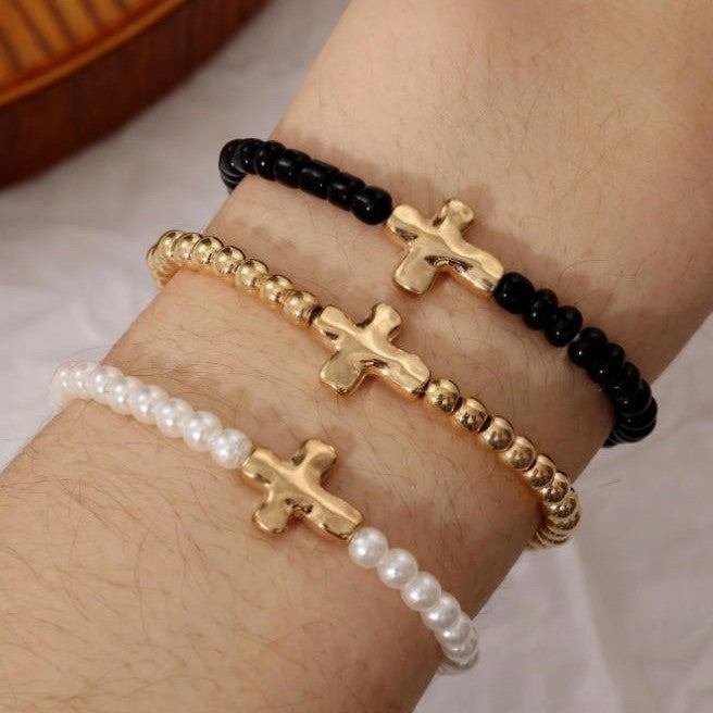 Style de plage Handmade Perle Stretch Cross and Heart Charm Bracelet Set