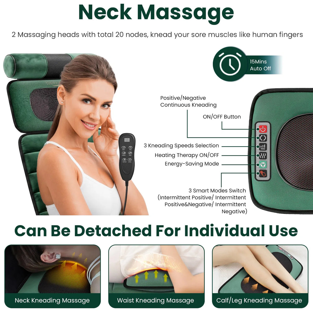 Pad de massage corps complet avec des masseurs Shiatsu cou et pieds séparables