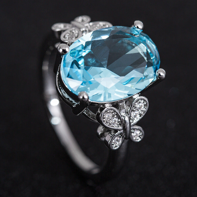 Grandeur Sea Blue Zircon Ladies Ring Simple Bow Ring Ring