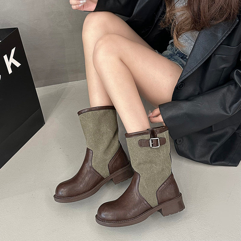 Women Round Toe Patchwork Fabric Leather Slouch Mid-Calf Boots