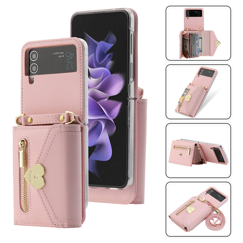 Étui en cuir pliant Coeur en métal Étui téléphone zippé de grande capacité