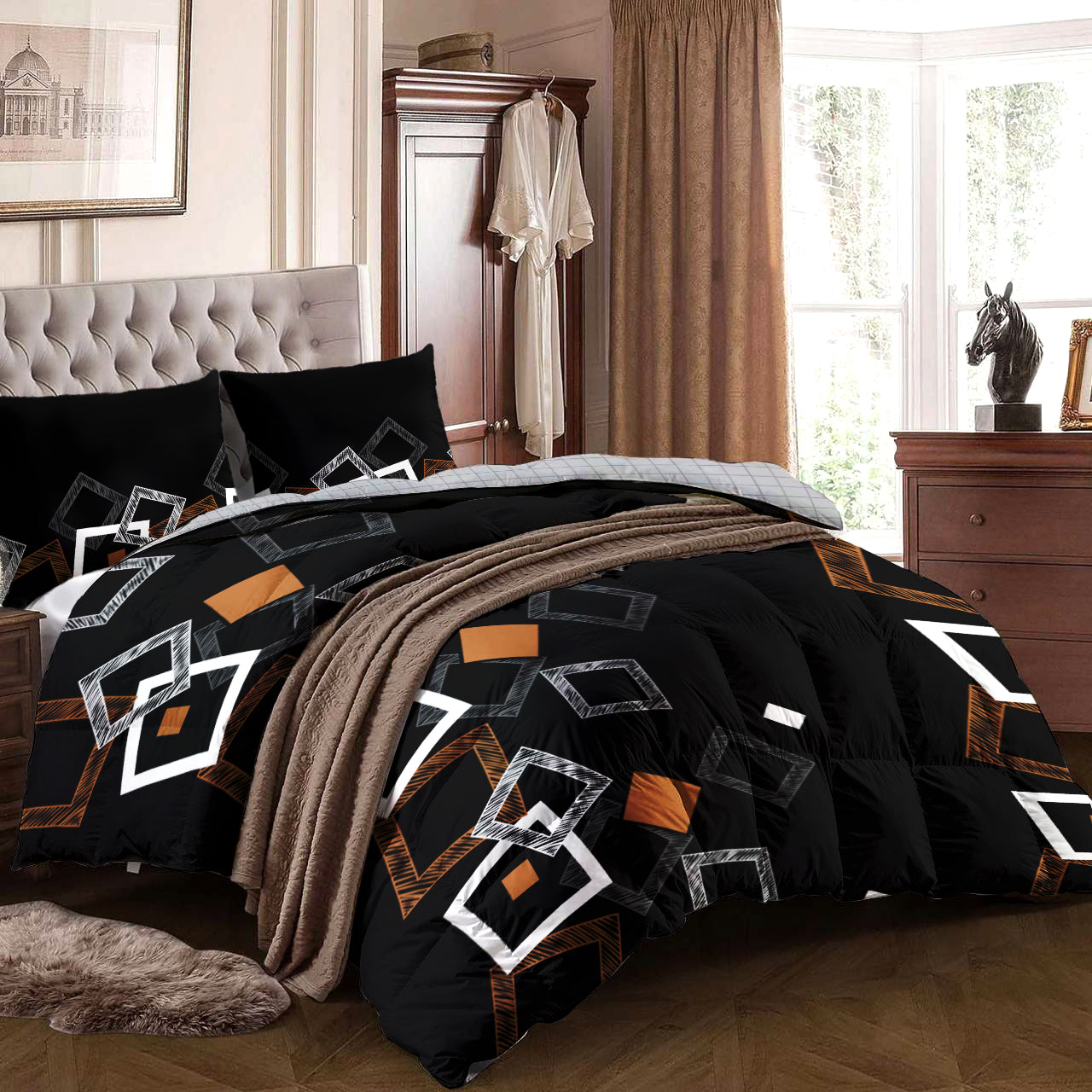 Ensemble de literie de consolateur géométrique noir 6 pièces pour roi et roi de Californie
