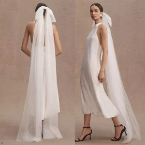 Minimaliste Blanc Double couche Tulle Veil nuptial avec une Bow