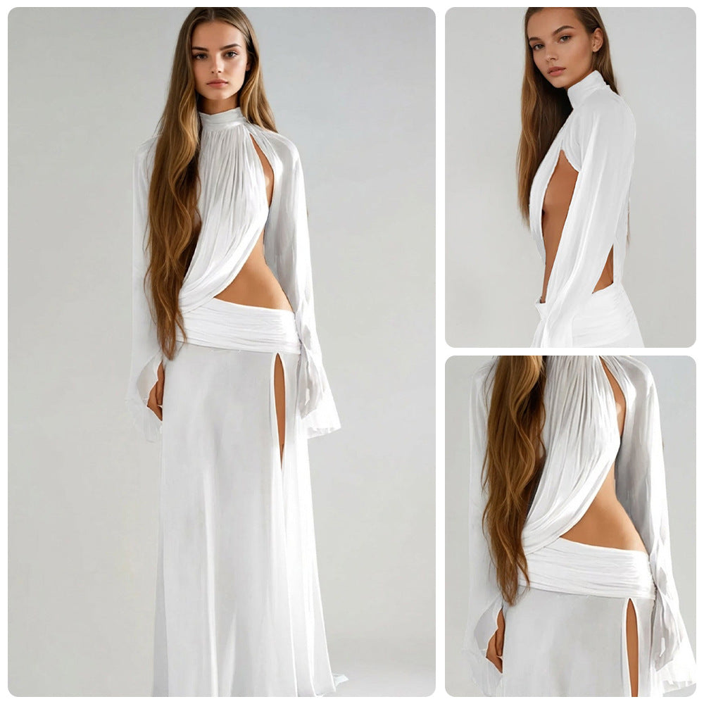 Flared dress with three-dimensional pleats and stacked pants