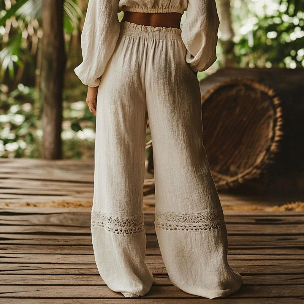 Pantalon en dentelle à large portée Beige High-wisted