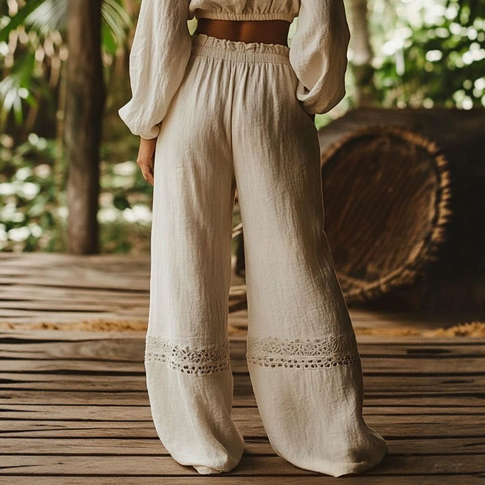 Pantalon en dentelle à large portée Beige High-wisted