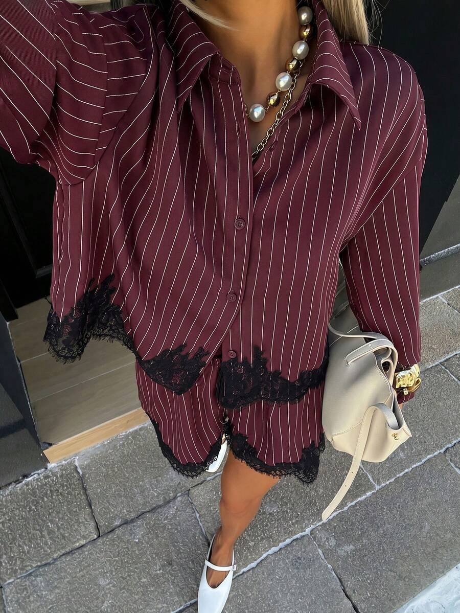 Ensemble de shorts à cordons rayés de dentelle pour femmes