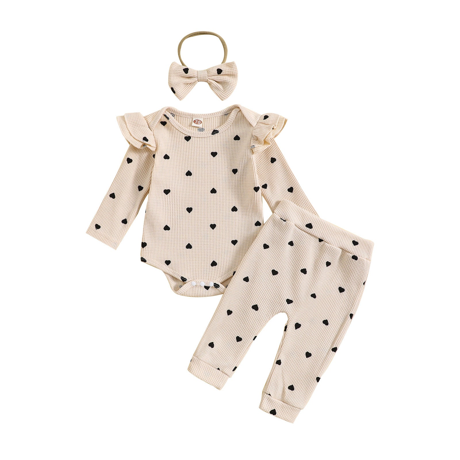 Printemps et automne Suit Heart Printing Waffle Sweat à manches longues Pantalon Pantalon Bande de cheveux Trois