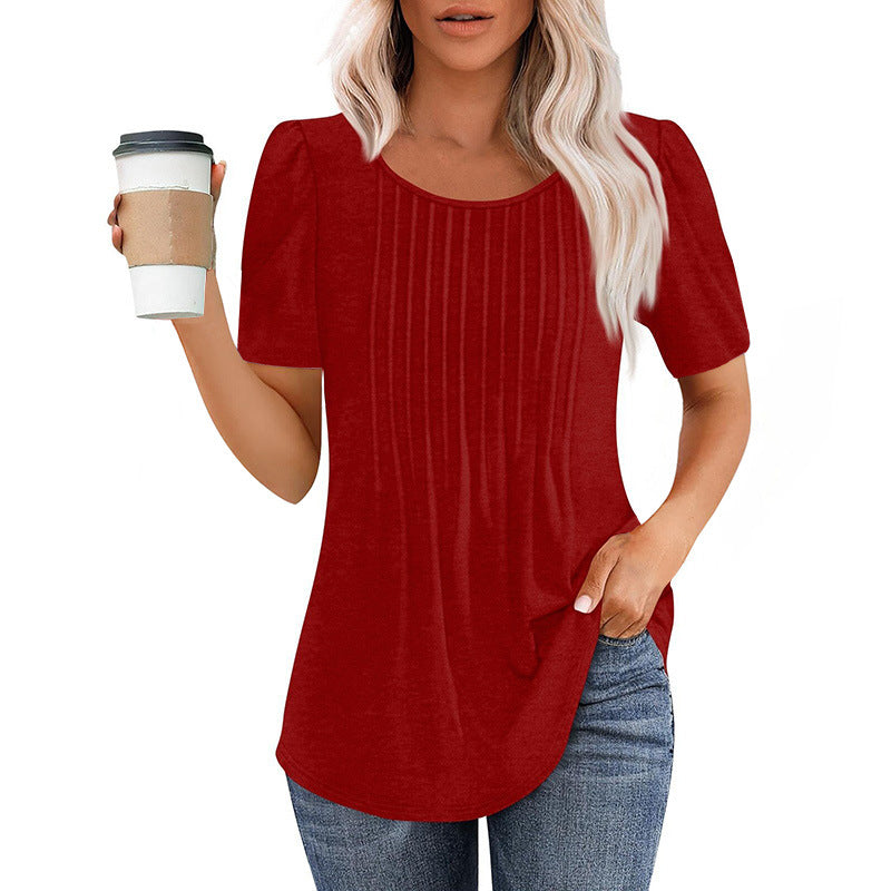 T-shirt à manches courtes à col rond plissé Top femme