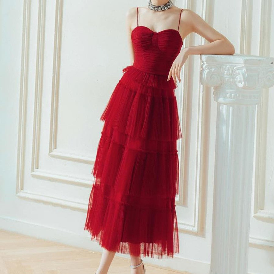 Suspender Étaler la poitrine Tempérament rouge foncé flottant petite robe longue jupe